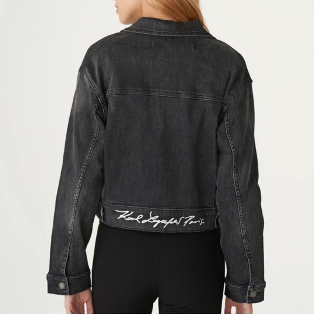 Karl Lagerfeld Paris washed black stretch denim women’s jacket size L NWT!